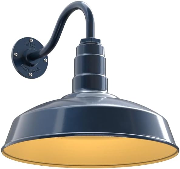 Steel Lighting Co. Gardena Barn Light | Outdoor Wall Mounted | 16" Dome | 11" Gooseneck | Farmhouse Light Made in America | Gray Blue Exterior/Brass Interior