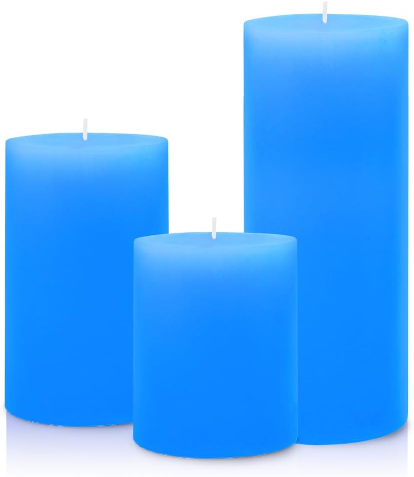 Set of 3 Different Size Light Blue Pillar Candles, Unscented Dripless 2.75x3, 2.75x4, 2.75x6 Inch Long Lasting Cylinder Wax Candles for Home Power Outage Dinner Table Decoration