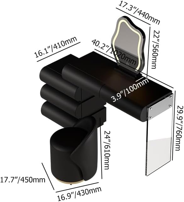 homary Black Makeup Vanity Set with LED Mirror and Dressing Stool, Modern PU Leather Dressing Table with Drawers for Bedroom, Ideal for Women Girls (Black)