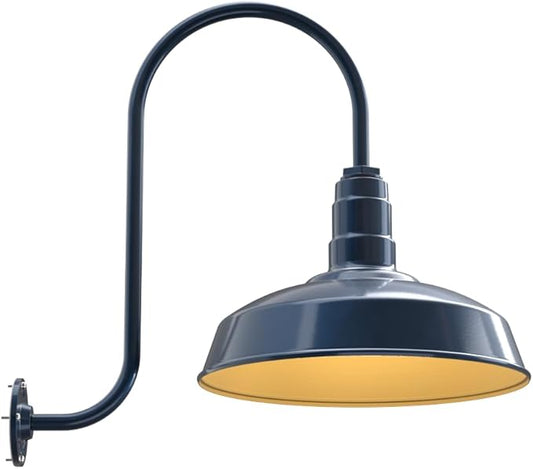 Steel Lighting Co. Gardena Barn Light | Outdoor Wall Mounted | 16" Dome | Upward Sloping Gooseneck | Farmhouse Light Made in America | Gray Blue Exterior/Brass Interior