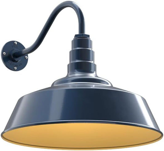 Steel Lighting Co. Redondo Barn Light | Outdoor Wall Mounted | 20 inch Dome | 16" Gooseneck | Large Farmhouse Warehouse Light Made in America | Gray Blue Exterior/Brass Interior