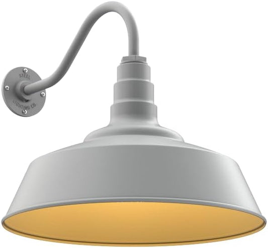 Steel Lighting Co. Redondo Barn Light | Outdoor Wall Mounted | 20 inch Dome | 16" Gooseneck | Large Farmhouse Warehouse Light Made in America | Modern Gray Exterior/Brass Interior