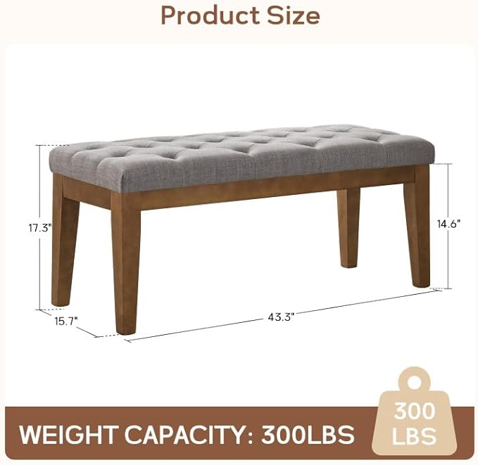 HUIMO Bedroom Bench End of Bed, Upholstered Dining Bench for Kitchen, Button-Tufted Entry Bench, Fabric Ottoman Bench for Living Room, Entryway,Grey, BEN2-4