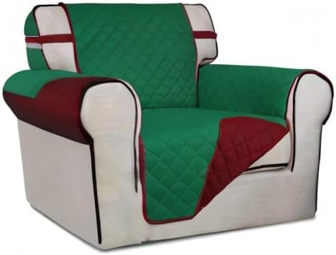 PureFit Reversible Quilted Sofa Cover, Water Resistant Slipcover Furniture Protector, Washable Couch Cover with Non Slip and Elastic Straps for Kids, Dogs, Pets (Chair, Green/Red)