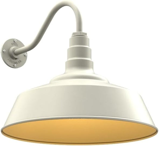 Steel Lighting Co. Redondo Barn Light | Outdoor Wall Mounted | 20 inch Dome | 16" Gooseneck | Large Farmhouse Warehouse Light Made in America | Cream Exterior/Brass Interior