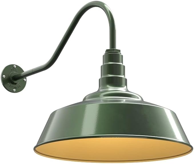 Steel Lighting Co. Redondo Barn Light | Outdoor Wall Mounted | 20 inch Dome | 23" Gooseneck | Large Farmhouse Warehouse Light Made in America | Hunter Green Exterior/Brass Interior