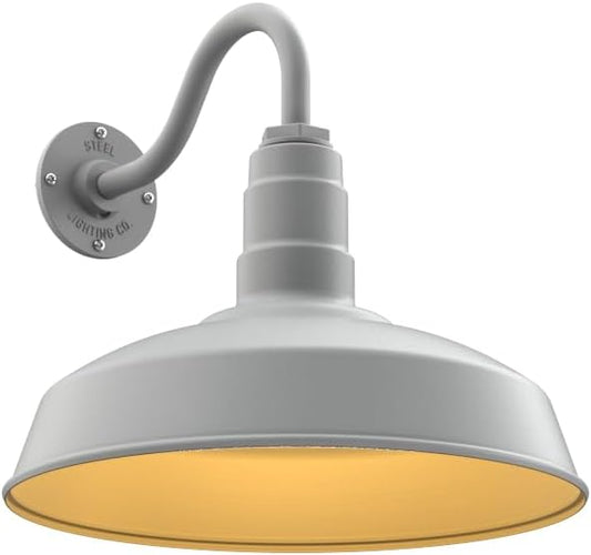 Steel Lighting Co. Gardena Barn Light | Outdoor Wall Mounted | 16" Dome | 11" Gooseneck | Farmhouse Light Made in America | Modern Gray Exterior/Brass Interior