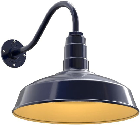 Steel Lighting Co. Gardena Barn Light | Outdoor Wall Mounted | 16" Dome | 16" Gooseneck | Farmhouse Light Made in America | Navy Blue Exterior/Brass Interior