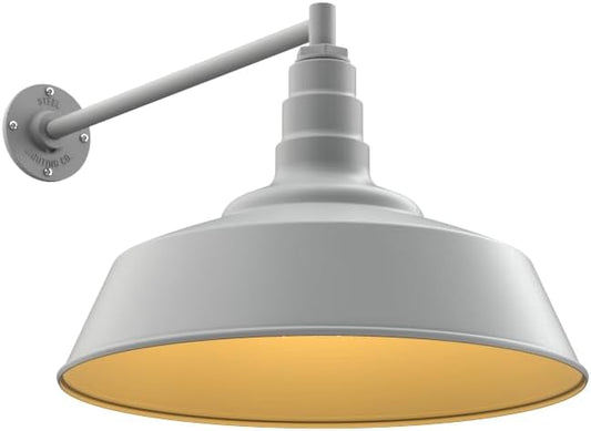 Steel Lighting Co. Redondo Barn Light | Outdoor Wall Mounted | 20 inch Dome | 20" Straight Arm | Large Farmhouse Warehouse Light Made in America | Modern Gray Exterior/Brass Interior