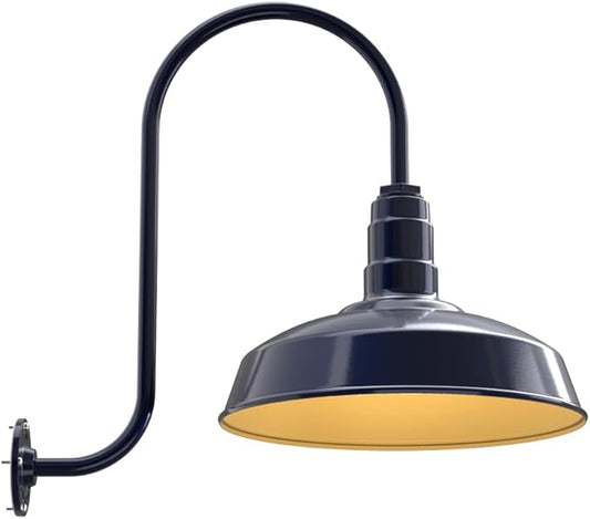 Steel Lighting Co. Gardena Barn Light | Outdoor Wall Mounted | 16" Dome | Upward Sloping Gooseneck | Farmhouse Light Made in America | Navy Blue Exterior/Brass Interior