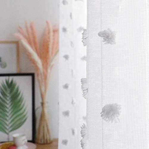 MYSKY HOME White Sheer Short Curtains with Pom Pom for Small Windows Bedroom Nursery Kids Girls Room Curtains Cafe Kitchen Light Filtering Boho Drapes, Rod Pocket,38 x 54 Inches, 2 Panels