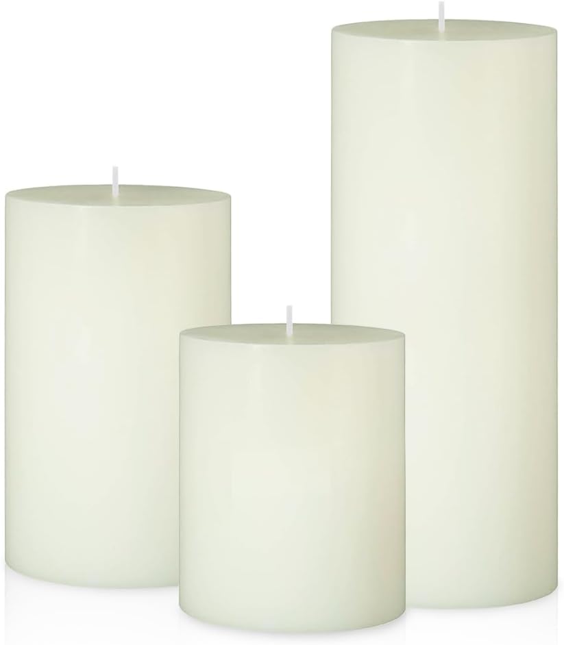 Set of 3 Different Size Ivory Pillar Candles, Unscented Dripless 2.75x3, 2.75x4, 2.75x6 Inch Long Lasting Cylinder Wax Candles for Home Power Outage Dinner Table Decoration