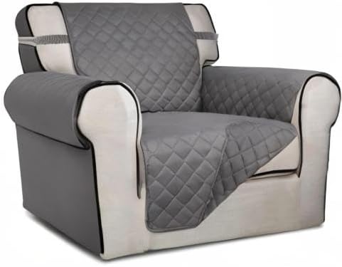 PureFit Reversible Quilted Sofa Cover, Water Resistant Slipcover Furniture Protector, Washable Couch Cover with Non Slip and Elastic Straps for Kids, Dogs, Pets (Chair, Gray/Gray)