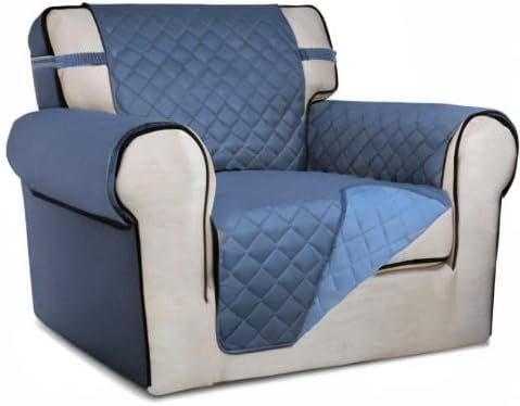 PureFit Reversible Quilted Sofa Cover, Water Resistant Slipcover Furniture Protector, Washable Couch Cover with Non Slip and Elastic Straps for Kids, Dogs, Pets (Chair, Dark Blue/Light Blue)