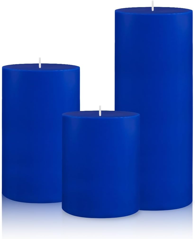 Set of 3 Different Size Blue Colored Pillar Candles, Unscented Dripless 2.75x3, 2.75x4, 2.75x6 Inch Long Lasting Burning Assorted Heights Cylinder Wax Candles for Home Table Hurricane Power Outage
