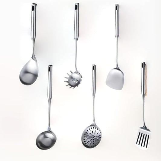 316 Stainless Steel Cooking Tool Set: saute pan spatula ladle, skimmer slotted, pasta, serving spoon, slotted spatula seasoner, dishwasher safe.