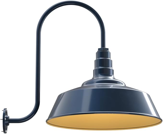 Steel Lighting Co. Redondo Barn Light | Outdoor Wall Mounted | 20 inch Dome | Upward Sloping Gooseneck | Large Farmhouse Warehouse Light Made in America | Gray Blue Exterior/Brass Interior