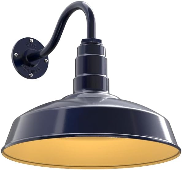 Steel Lighting Co. Gardena Barn Light | Outdoor Wall Mounted | 16" Dome | 11" Gooseneck | Farmhouse Light Made in America | Navy Blue Exterior/Brass Interior