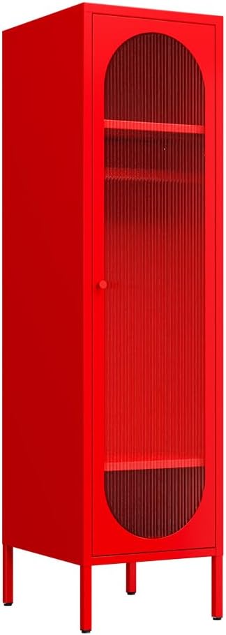 1 Door Metal Locker Cabinet for Kids Bedroom, School Classroom, Office, Home-Acrylic Translucent Door, Steel Corner Cabinet Sideboard Tall Storage Cabinet for Garage Utility Room (Red)