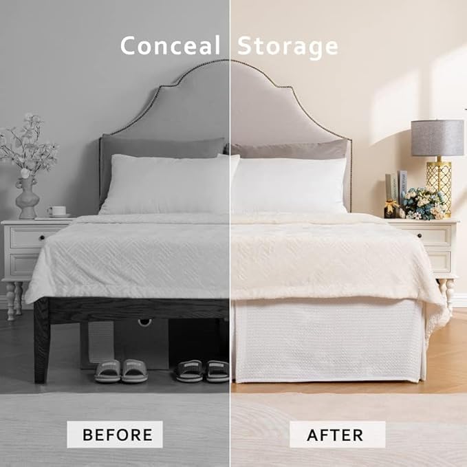 MIYE Pleated Waffle Weave Bed Skirt, Tailored Dust Ruffle 14 Inch Drop Easy Fit, Machine Washable (White, TwinXL - 14" Drop)