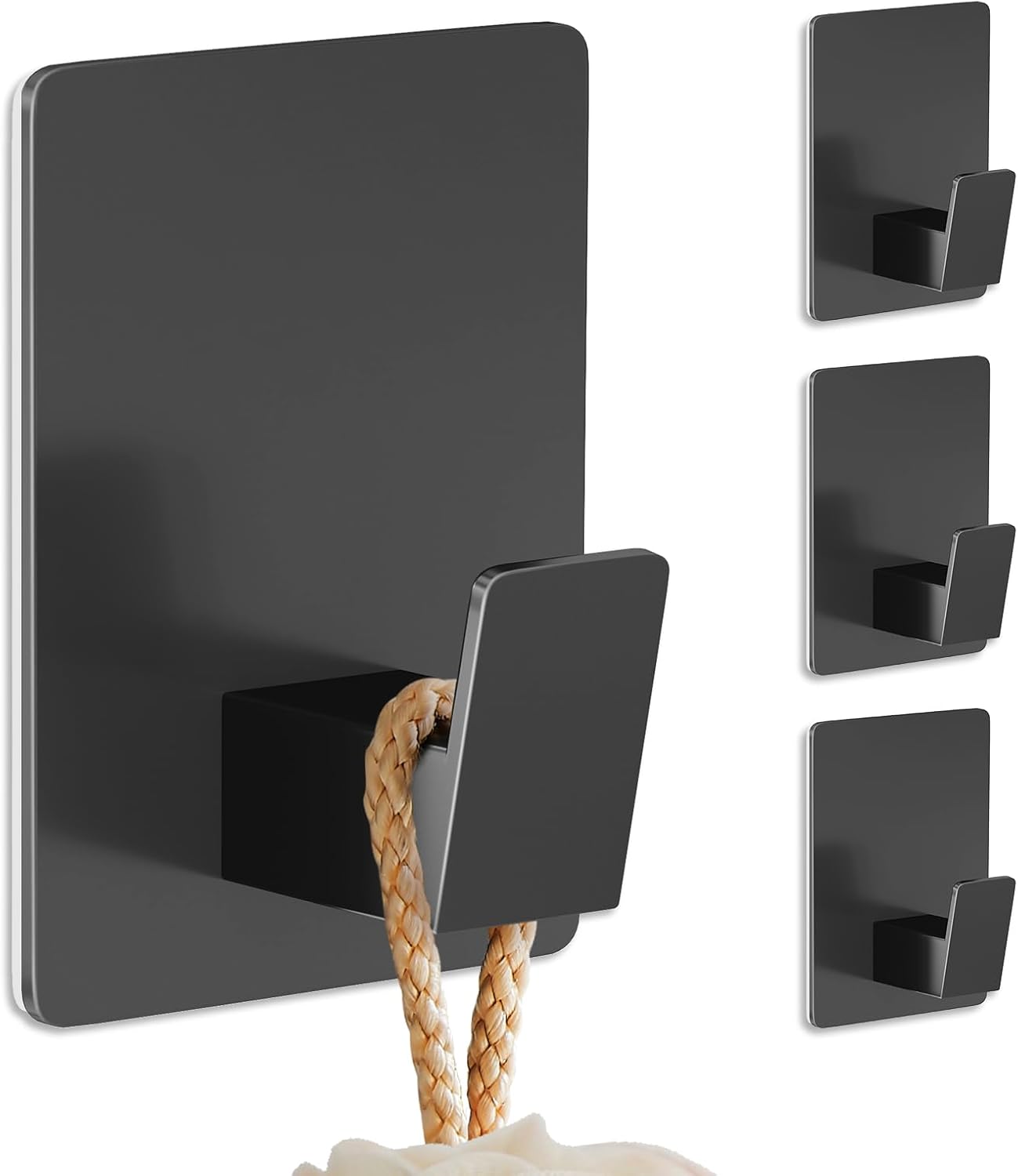 Towel Hooks for Bathrooms Adhesive, 4 Pack Towel Hooks Heavy Duty Wall Hook for Hanging Towel, Robe, Loofah, Purse, Stainless Steel Shower Hooks for Inside Shower, Kitchen (Black)