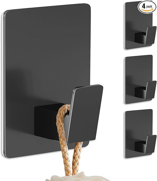 Towel Hooks for Bathrooms Adhesive, 4 Pack Towel Hooks Heavy Duty Wall Hook for Hanging Towel, Robe, Loofah, Purse, Stainless Steel Shower Hooks for Inside Shower, Kitchen (Black)