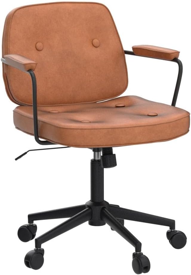 LukeAlon Adjustable Pu Leather Office Chair, Comfy 360° Swivel Task Chair with Armrest Modern Thickened Seat Desk Chair Tiltable Computer Chair with Button Tufted for Home Office, Light Brown