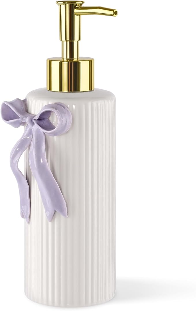 Handmade Ceramic Bow Soap Pump Dispenser Hand Lotion Liquid Dispenser Refillable for Kitchen and Bathroom Decorative (Ribbon Lavender)