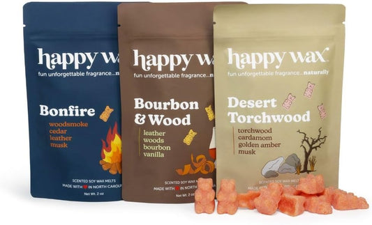 Happy Wax Fan Man Cave Collection Scented Natural Soy Wax Melts – 6 Total Oz. of Scented Wax Melts, Collection Includes Desert Torchwood, Bourbon & Wood and Bonfire