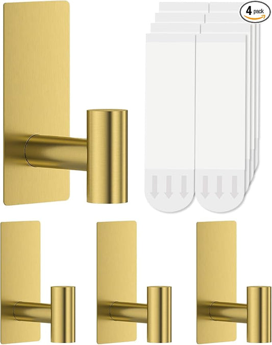 4 Pcs Towel Hooks Heavy Duty for Hanging，Adhesive Wall Hooks with Removable Strips，Sticky No Damage，Outdoor for Bathrooms，Shower，Stockings，Decor，Robe，Large，Gold 304 Stainless Steel