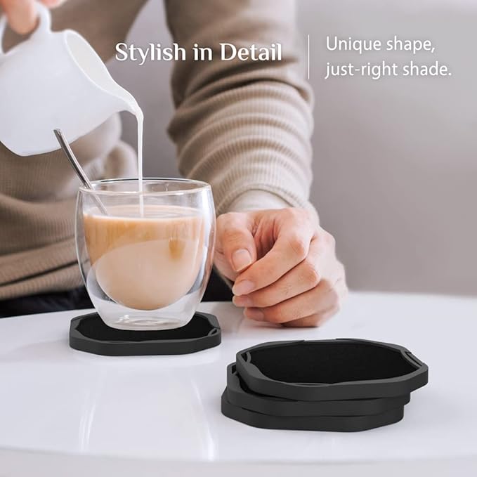 UMIRRO Absorbent Coasters for Drinks, Cool Silicone Cup Coaster with Felt Insert for Modern Coffee Table Decor, Small Unique Birthday Gift Ideas for Men Dad Him Women Mom Her, 4", Black, Set of 4
