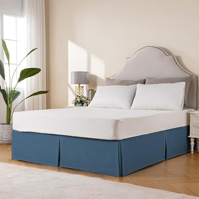 MIYE Pleated Waffle Weave Bed Skirt, Tailored Dust Ruffle 12 Inch Drop Easy Fit, Machine Washable (Blue, Full - 12" Drop)