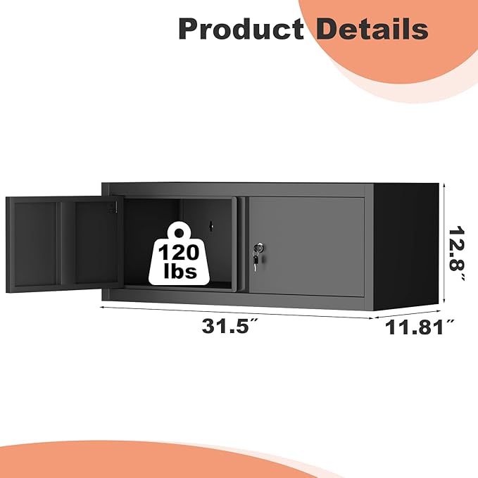 LUCYPAL Metal Garage Storage Cabinets,12.8" H Metal Wall Cabinet with Locking Doors,Upper Tool Cabinet with Shelf for Home Office,Kitchen,Garage,Workshop,Black