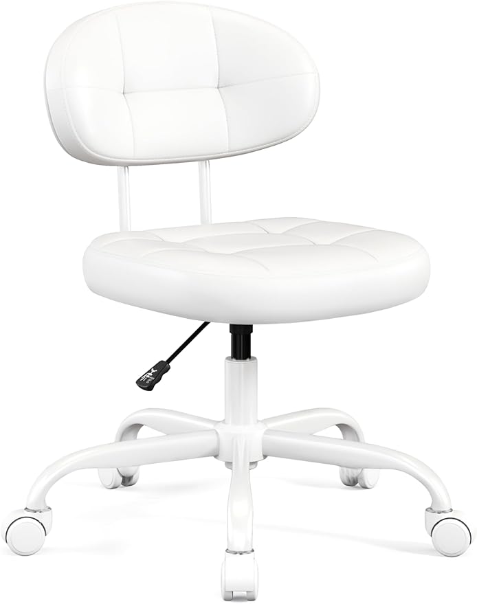 Misolant Vanity Chair with back, Small Armless Cute office Chair with wheels and Lumbar support, Comfy PU Leather Desk Computer Chairs with Adjustable Height, 360°Swivel for Home Bedroom Office, White