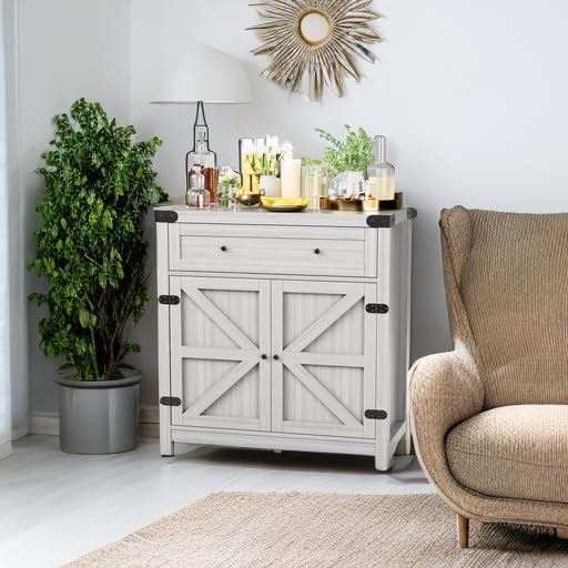 JUMMICO Coffee Bar Cabinet Farmhouse Kitchen Sideboard Buffet Cabinet with Drawer and Adjustable Shelf Barn Door Storage Cabinet for Kitchen, Dining Room, Bathroom, Entryway (Ash Grey)