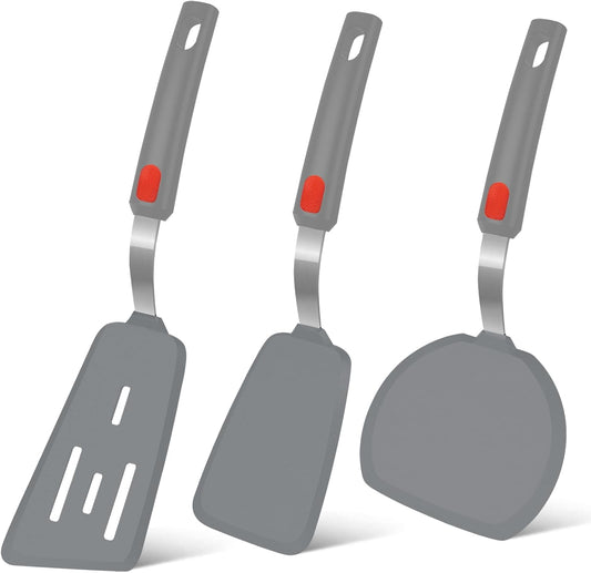 Beijiyi Silicone Spatula Turner Set of 3, 600°F Heat Resistant Nonstick Turner Spatulas for Kitchen Use, Large Flexible Silicone Cooking Utensils Rubber Spatula Set for Egg, Pancake, Fish (Gray)