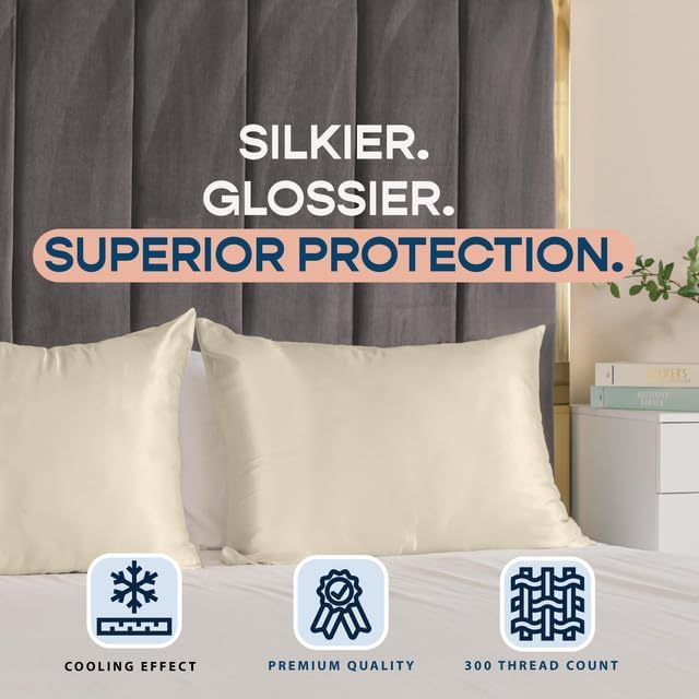 Satin Pillowcase with Zipper, for Hair and Skin Care, Feels Soft and Cool Like a Silk Pillowcase, Satin Pillow Cases 2 Pack, Slik Pillow Cover, Champagne, King, Set of 2