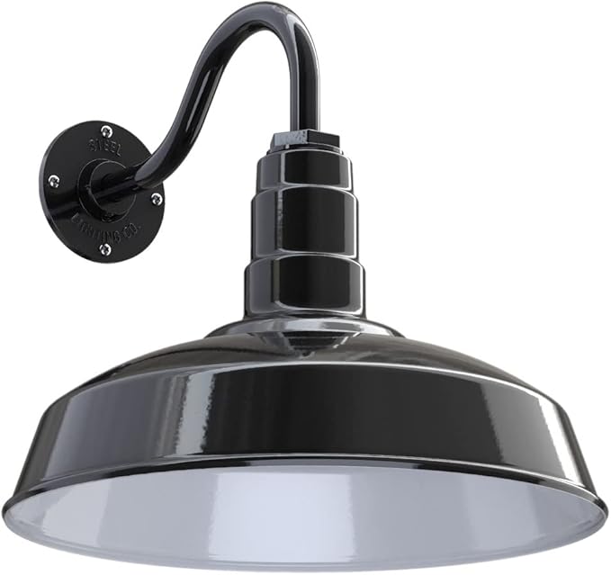 Steel Lighting Co. Gardena Barn Light | Outdoor Wall Mounted | 16" Dome | 11" Gooseneck | Farmhouse Light Made in America | Black Exterior/White Interior