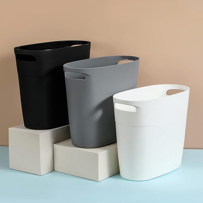JiatuA Plastic Small Trash Can Slim Waste Basket with Handles 3.2 Gallon Narrow Garbage Container Bin for Bathroom, Bedroom, Kitchen, Home Office Under Desk, Dorm, Laundry Room, Kids Room, Grey