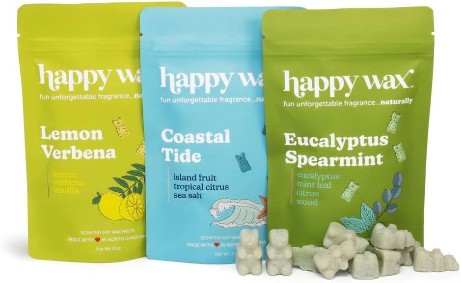 Happy Wax Fan Favorites Collection Scented Natural Soy Wax Melts – 6 Total Oz. of Scented Wax Melts, Collection Includes Lemon Verbena, Coastal Tide and Eucalyptus Spearmint