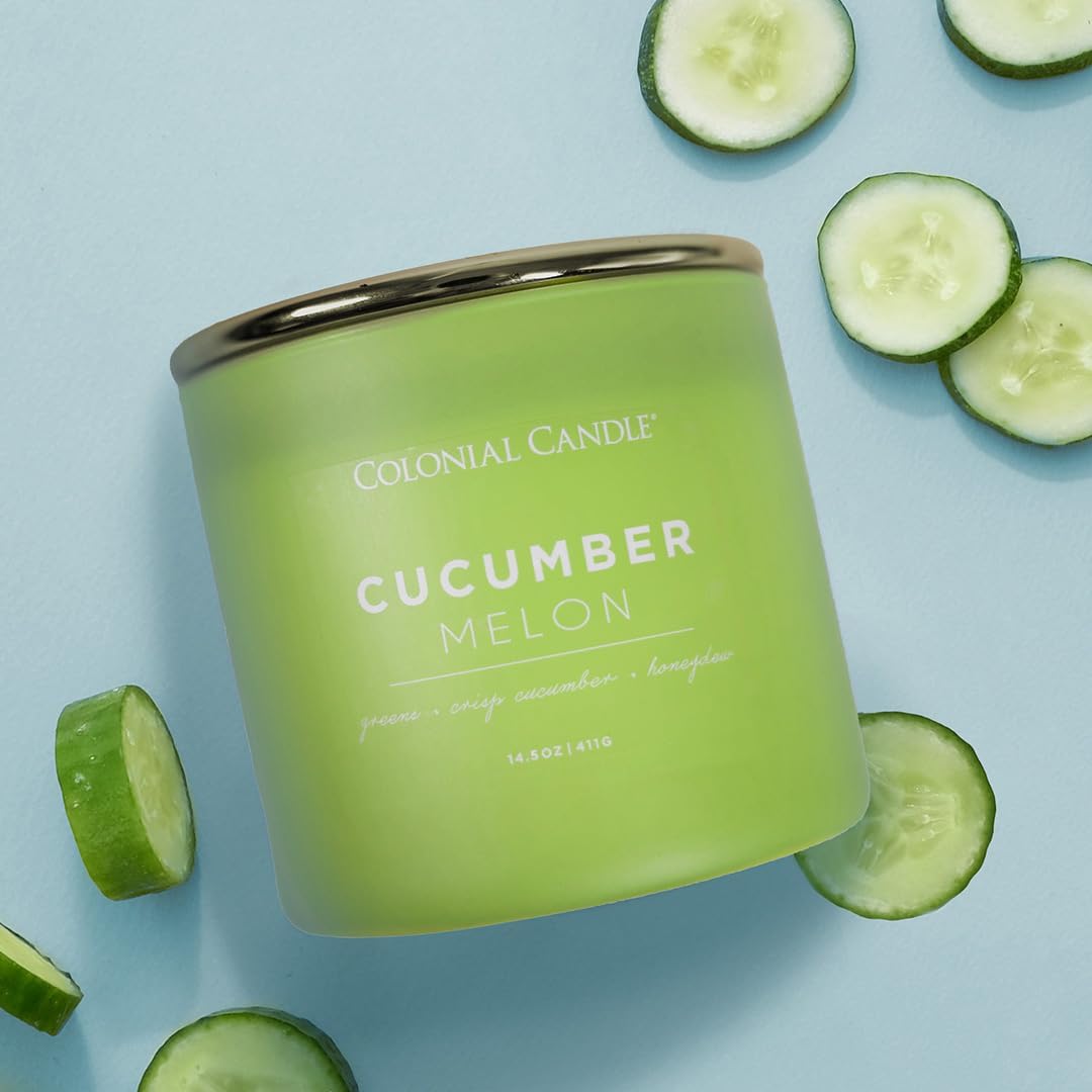 Colonial Candle Cucumber Melon Scented Jar Candle, Pop of Color Collection, 3 Wick, Green, 14.5 oz - Up to 60 Hours Burn