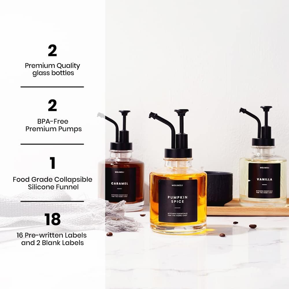 Molimoli Coffee Syrup Dispenser - Glass Bottle w. Pump, 11.8 oz 350 ml, Set of 2, Black Upgraded Pump