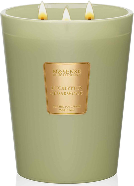M&SENSE Eucalyptus & Cedarwood Scented Candle, 3 Wick 35oz Natural Soy Wax Candles for Home Scented, Green Candles Gift for Spring, 150 Hours Long Lasting Slow Burning