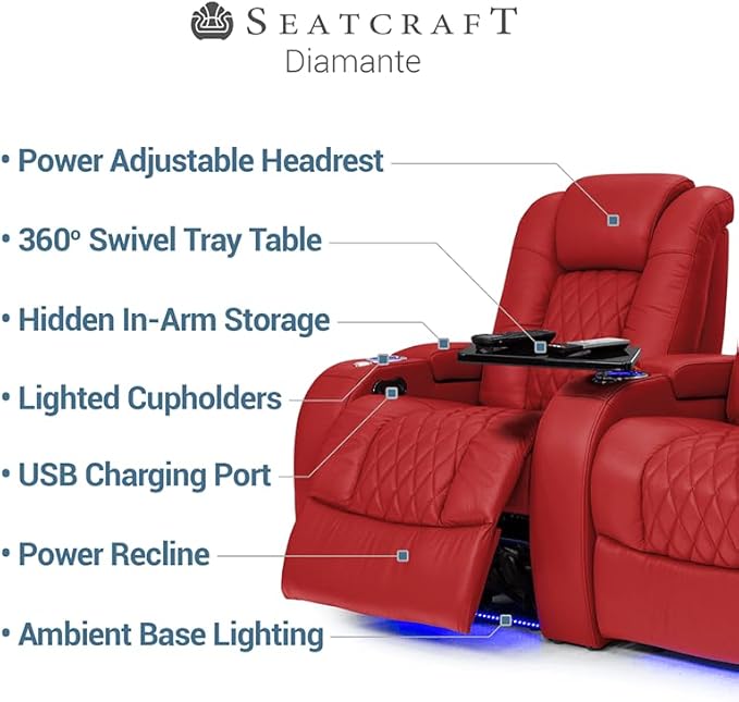 Seatcraft Diamante - Home Theater Seating - Living Room - Power Recline - Italian Leather - Powered Headrests - Cupholders - USB Charging - Ambient Lighting - Arm Storage, Red, Row of 4