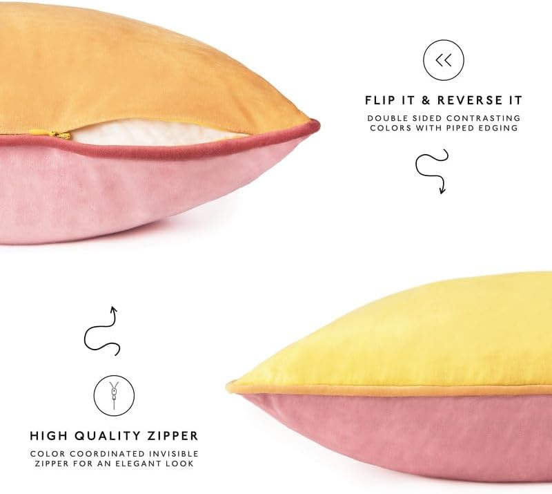 MONDAY MOOSE Decorative Throw Pillow Covers Cushion Cases, Set of 4 Soft Velvet Modern Double-Sided Designs, Mix and Match for Home Decor, Pillow Inserts Not Included (16x16 inch, Yellow/Pink)