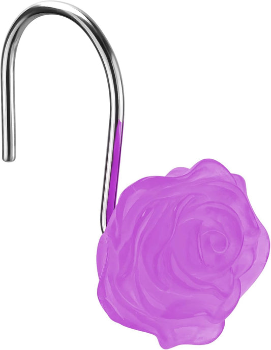 Purple Rose Shower Curtain Hooks Cute Lavender Flower Glow in The Dark Decorative Resin Hooks for Shower Curtain Rust Proof Girly Floral Bathroom Art Decors
