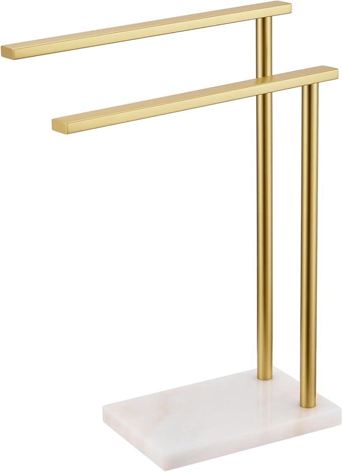 Hand Towel Bars for Bathroom Vanity Countertop 2-Tier Towel Rack Holders Stand with Heavy Marble Base Thicken Steady, Brushed Gold Stainless Steel AN7003GD