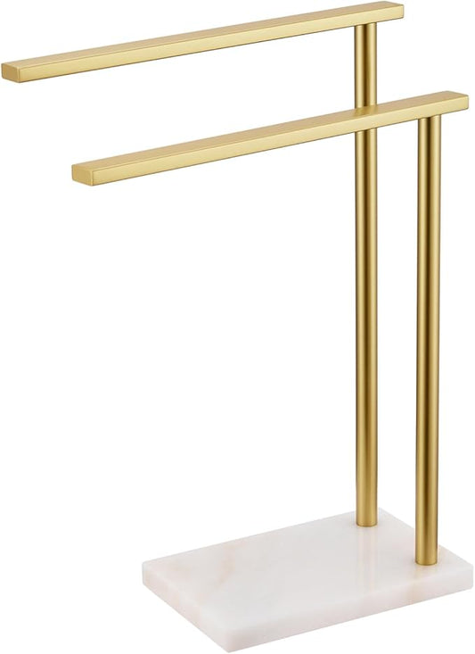 Hand Towel Bars for Bathroom Vanity Countertop 2-Tier Towel Rack Holders Stand with Heavy Marble Base Thicken Steady, Brushed Gold Stainless Steel AN7003GD