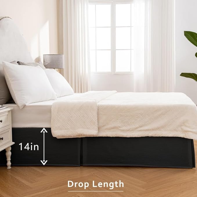 MIYE Pleated Waffle Weave Bed Skirt, Tailored Dust Ruffle 14 Inch Drop Easy Fit, Machine Washable (Black, Queen - 14" Drop)