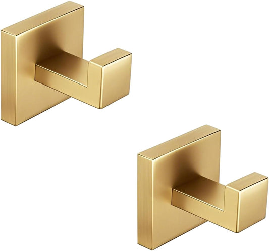 Nolimas Bathroom Towel Hook SUS304 Stainless Steel Square Clothes Coat Robe Hooks Cabinet Closet Door Sponges Hanger for Bath Kitchen Garage, Heavy Duty Wall Mounted, Gold Finish, 2pack